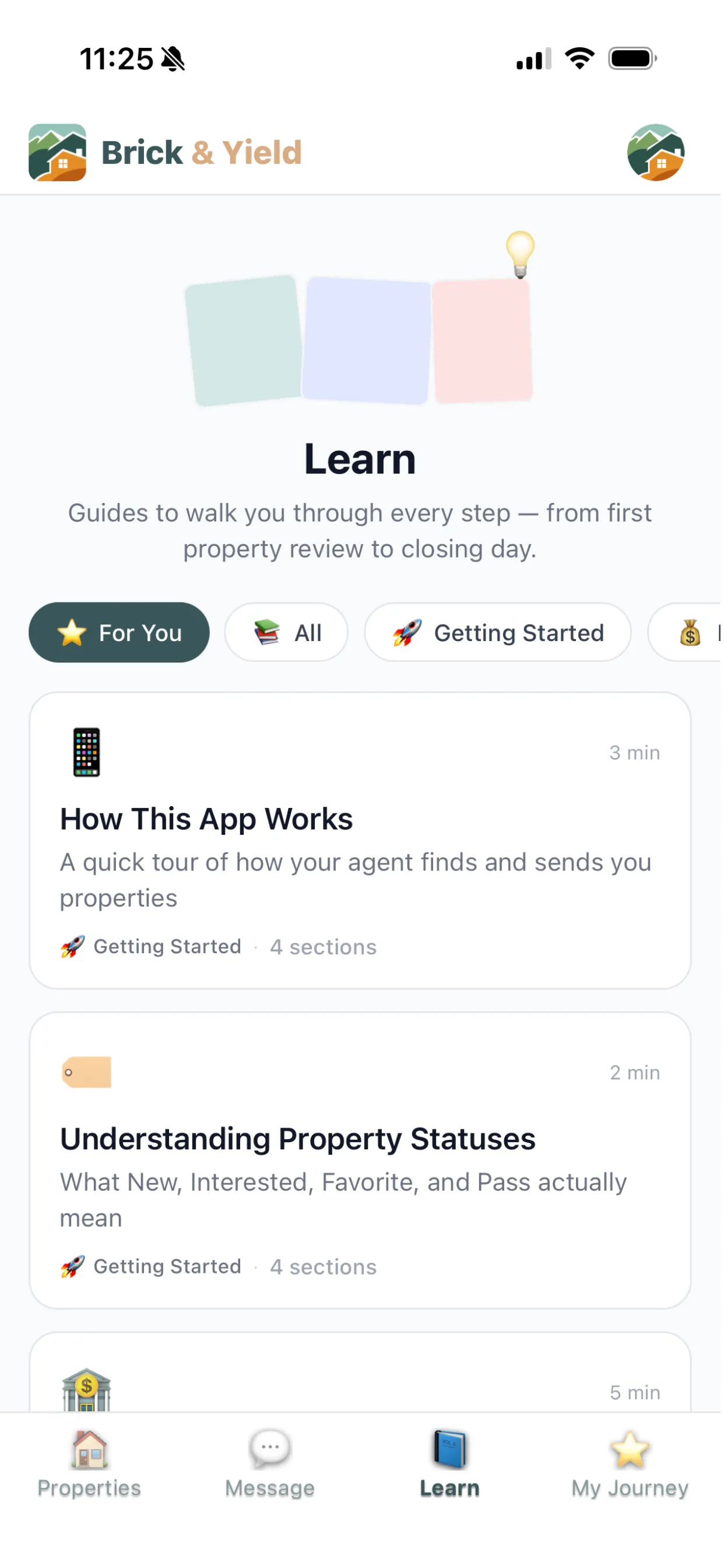 Brick & Yield client app — learn guides for every step of the process