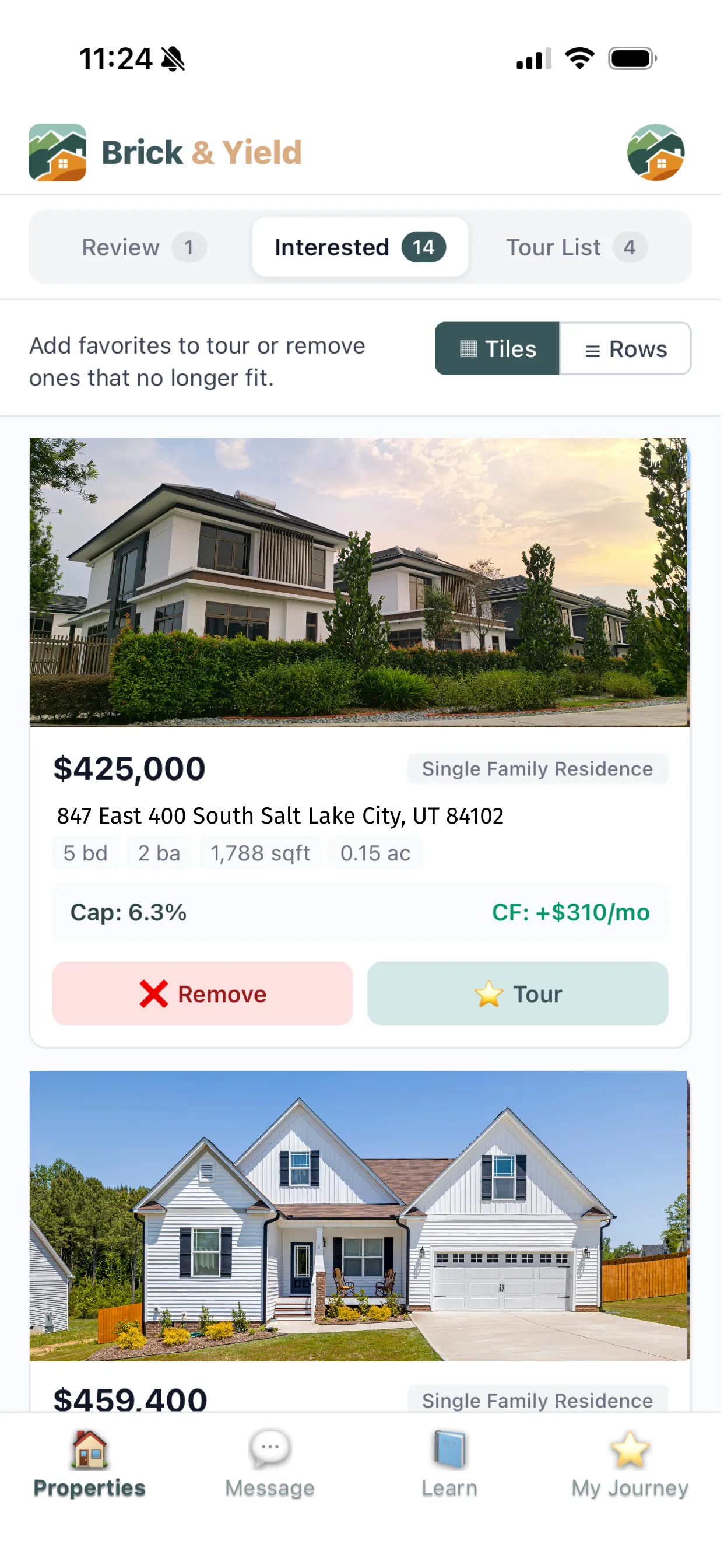 Brick & Yield client app — saved properties with cap rate and cash flow analysis