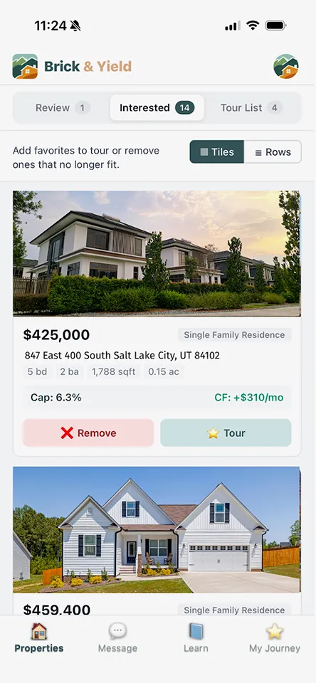 Brick & Yield client app — curated listings with cap rate and cash flow analysis